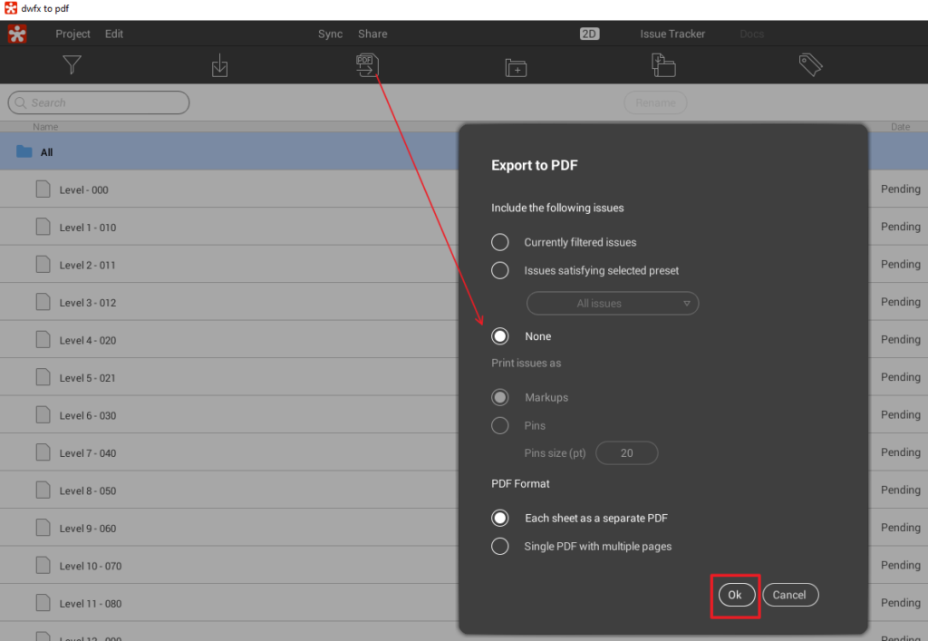 click None and then OK in Revizto when exporting to PDF